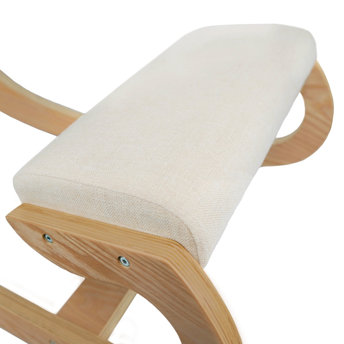 Ergonomic kneeling chair featuring a soft beige cushion, smooth wooden frame, and curved armrests for optimal support and comfort