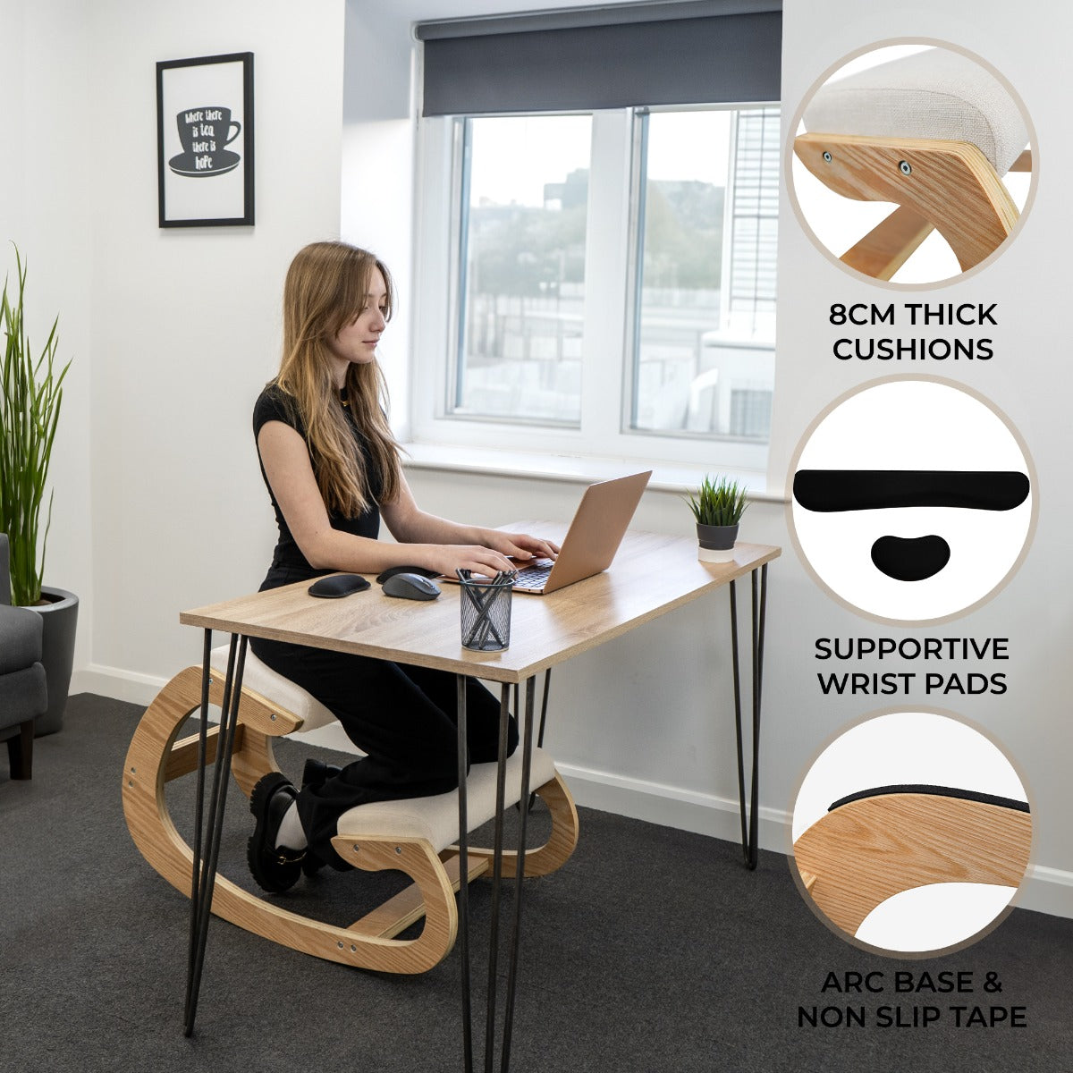Ergonomic kneeling chair with 8cm thick cushions, wooden arc base, and non-slip tape, supporting a user at a modern desk