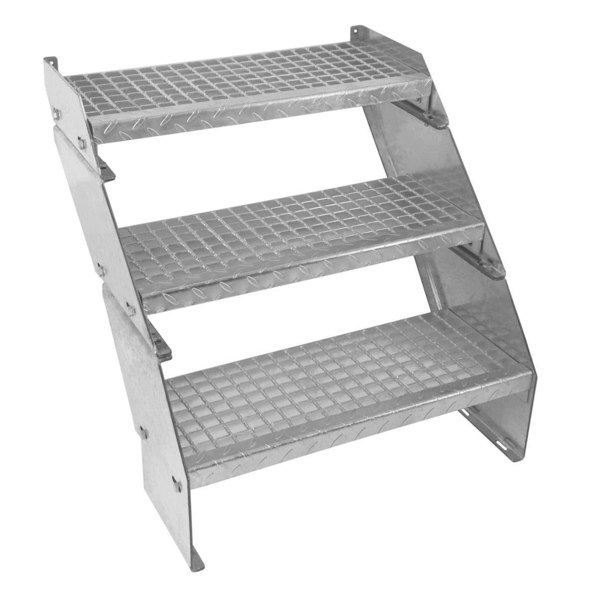 Galvanised adjustable staircase with three sections, featuring a diamond-patterned surface for enhanced grip and stability, 600mm wide