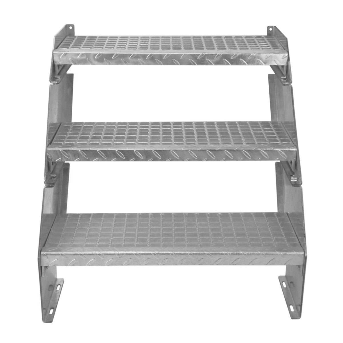 Galvanised adjustable staircase with three textured, slip-resistant steps, measuring 600mm wide, designed for durability and safety