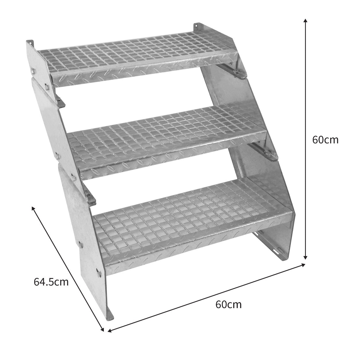 Galvanised adjustable staircase with three textured, non-slip sections, measuring 600mm wide, ideal for safe access and stability