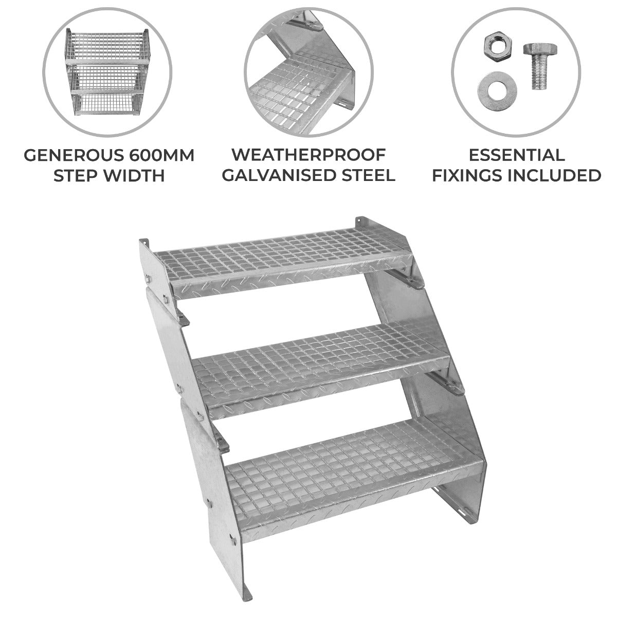 Three-section adjustable staircase made of weatherproof galvanised steel, featuring a 600mm wide step and textured surface for safety