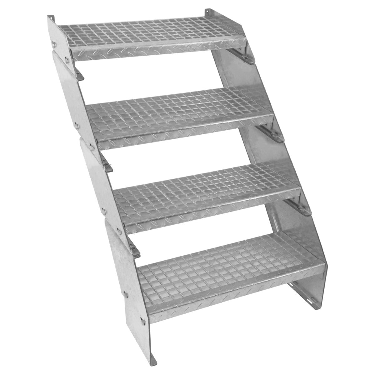 Galvanised metal staircase with four adjustable sections, featuring a textured, slip-resistant surface and sturdy construction, 600mm wide