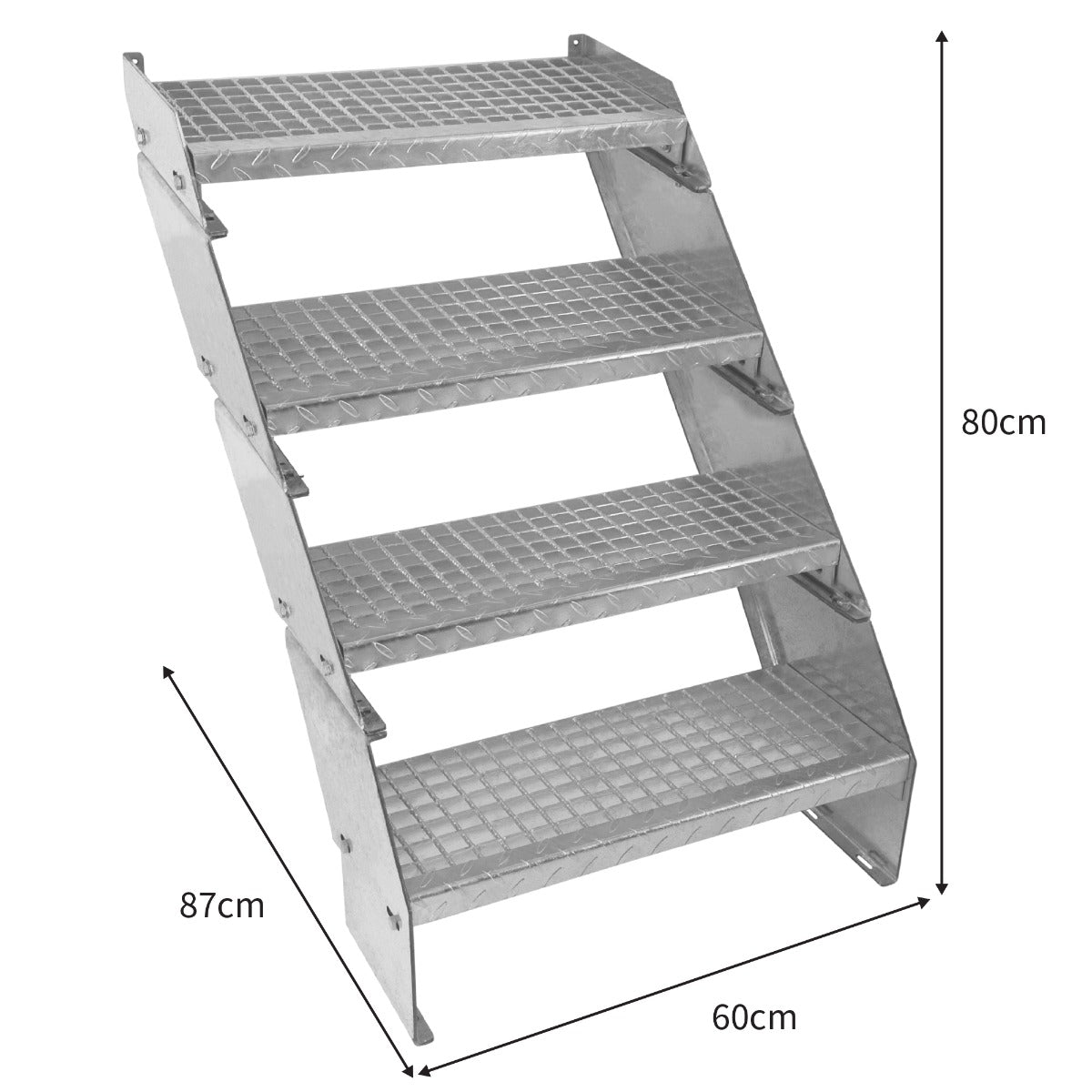 Galvanised adjustable staircase with four textured metal sections, measuring 600mm wide and 800mm tall, ideal for various heights