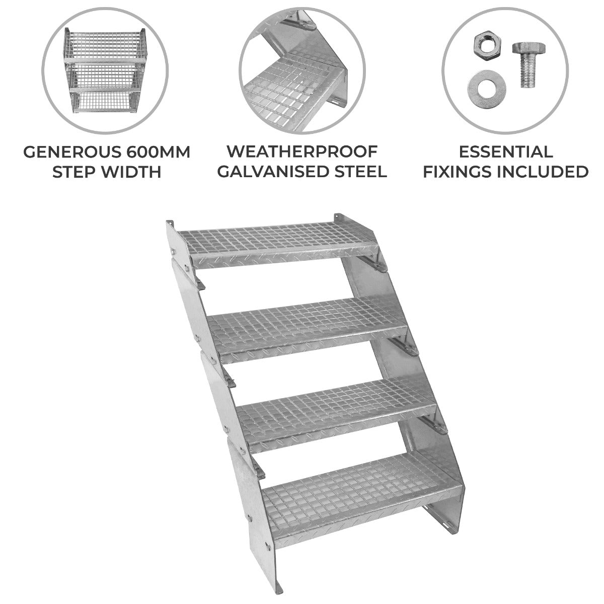 Adjustable four-section staircase made of weatherproof galvanised steel, featuring a generous 600mm wide step and essential fixings included