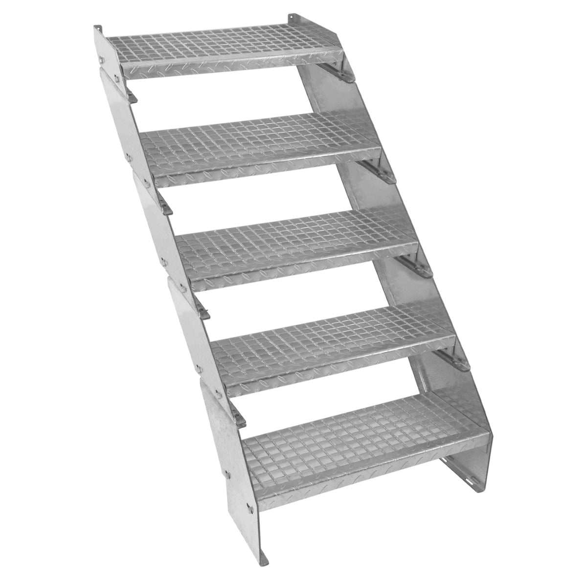 Adjustable galvanized staircase with five textured steps, 600mm wide, featuring a sturdy design and durable metal construction