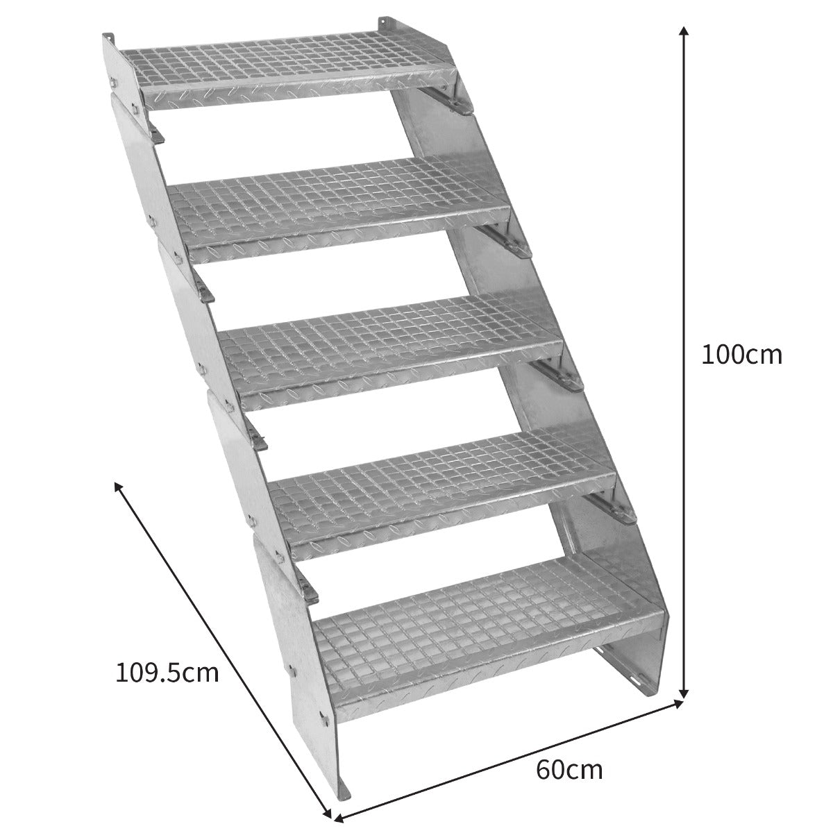 Adjustable galvanised staircase with five textured steps, measuring 600mm wide, designed for durability and stability in various settings