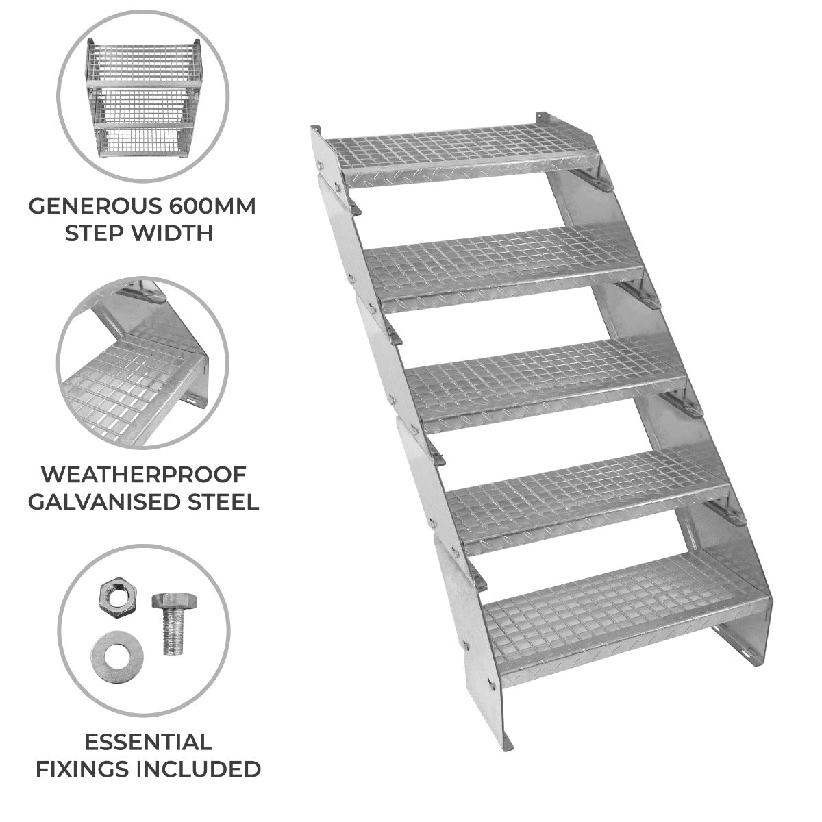 Adjustable 5-section staircase made of weatherproof galvanised steel, featuring a 600mm wide step with a textured surface for grip