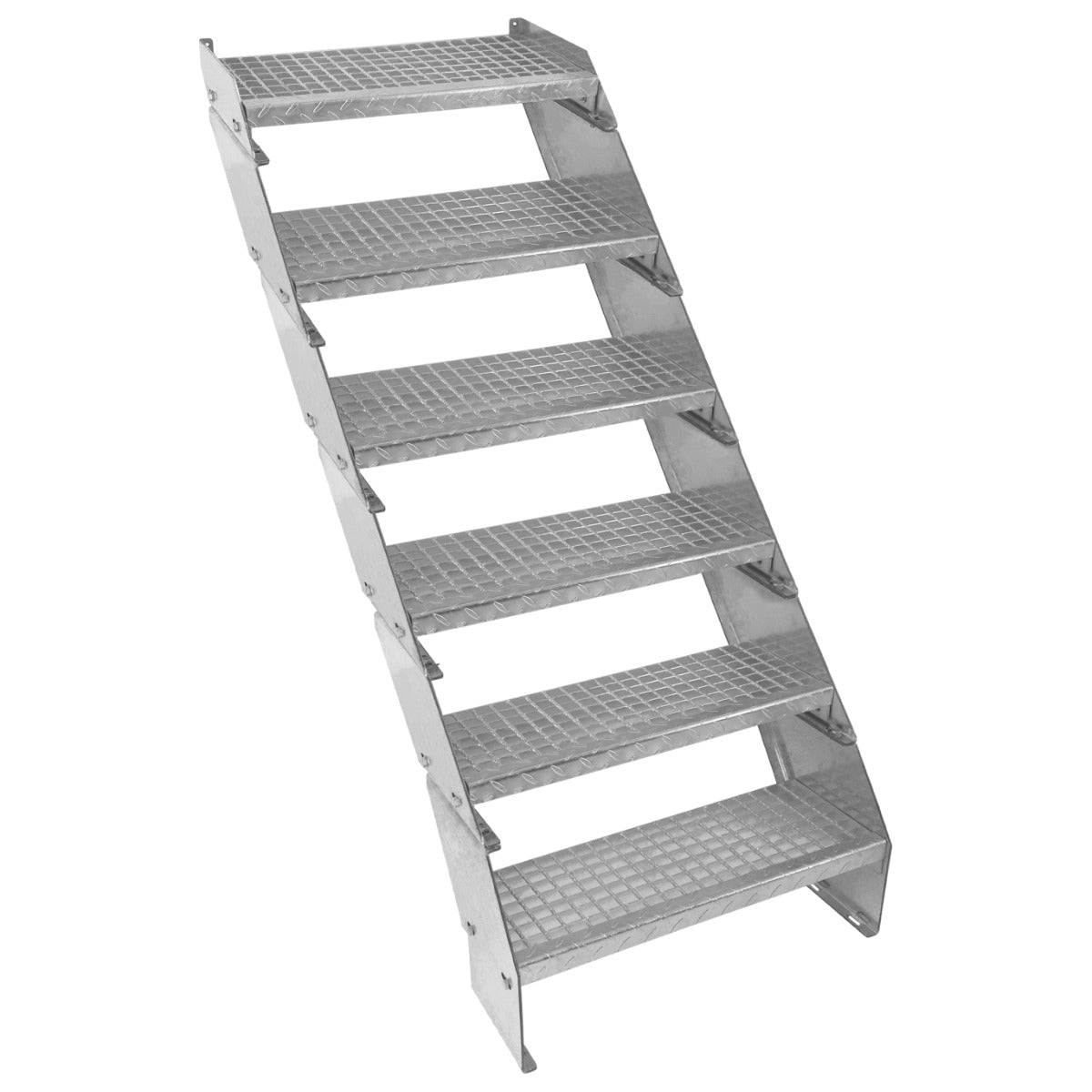 Galvanised metal staircase with six adjustable sections, featuring a sturdy, textured surface and a 600mm width for stability