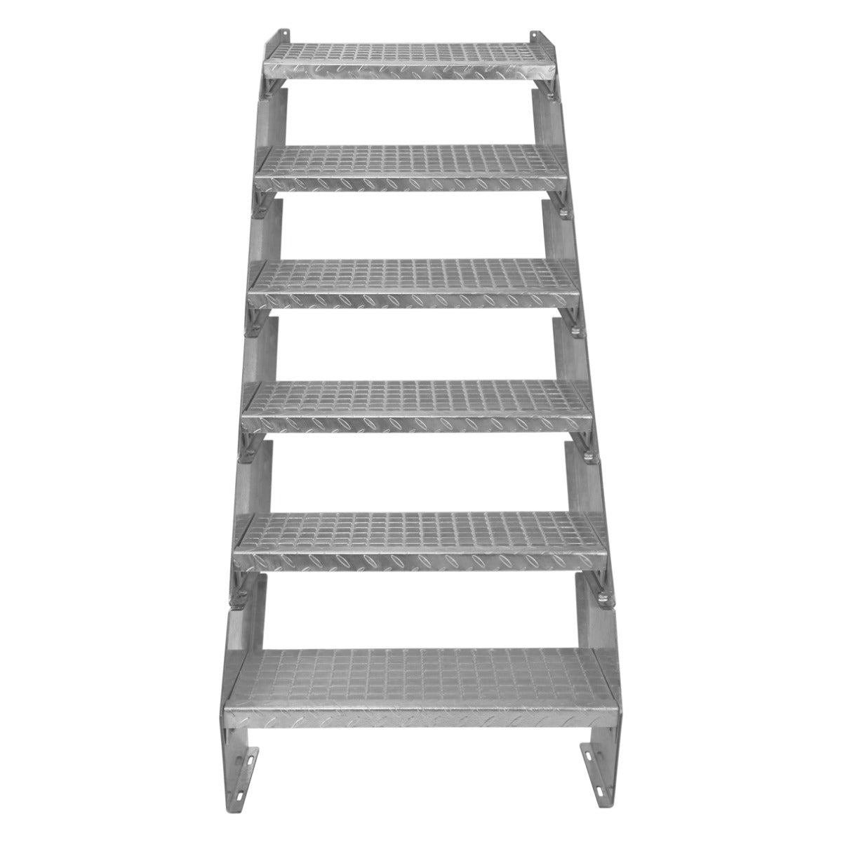 Galvanised staircase with six adjustable sections, featuring a 600mm wide design and textured, slip-resistant steps for safety