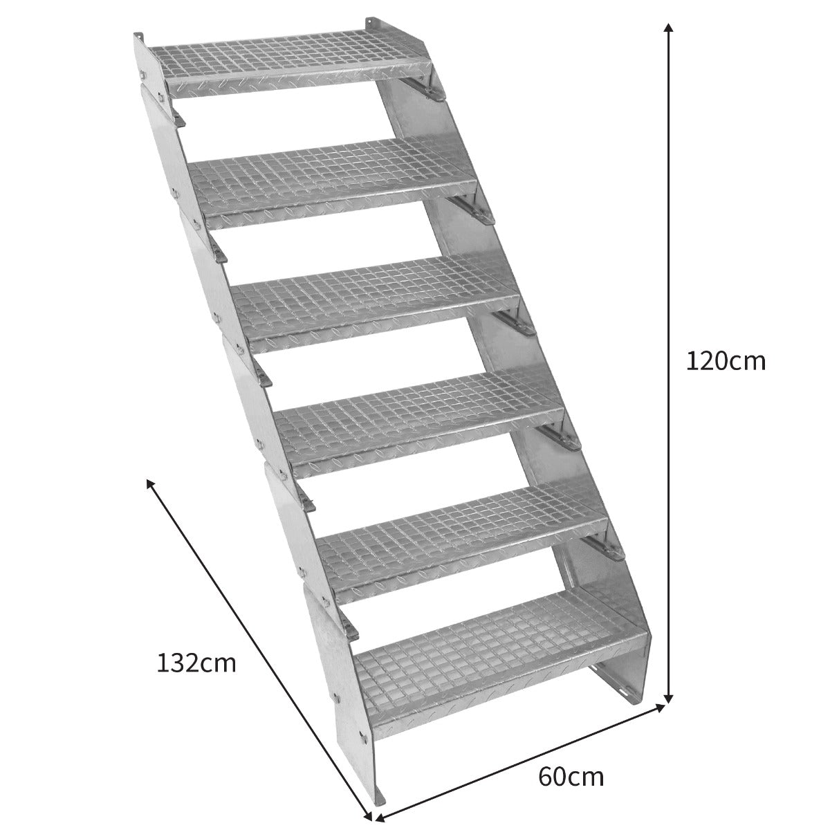Galvanised adjustable staircase with six textured sections, measuring 600mm wide, featuring a sturdy metal construction and non-slip surface