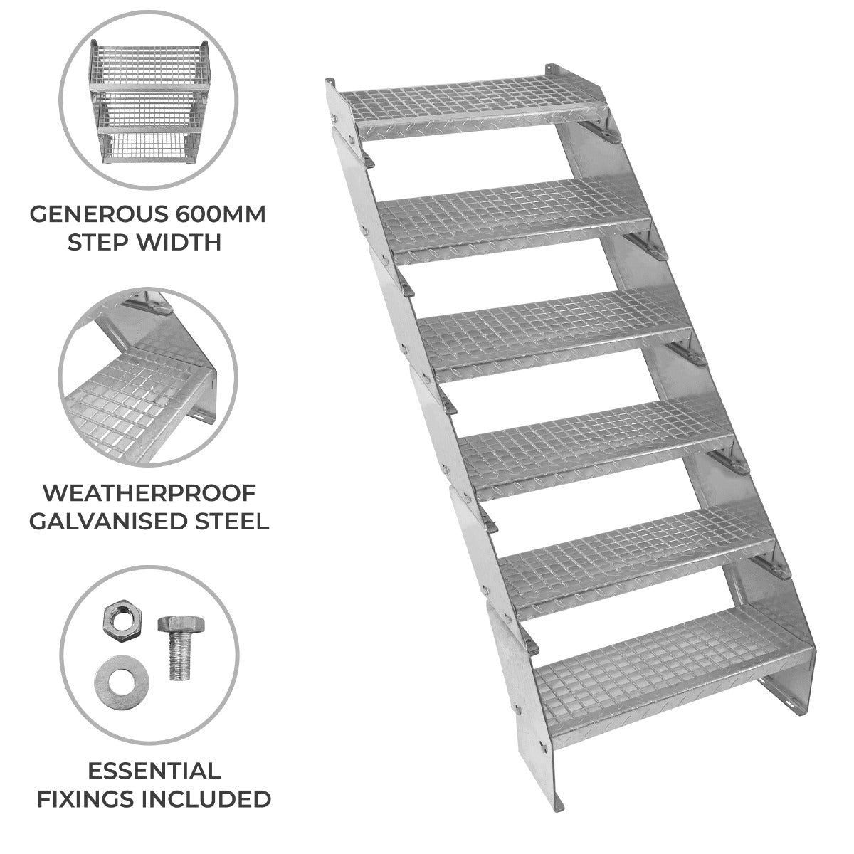 Adjustable 6-section staircase made of weatherproof galvanised steel, featuring a 600mm wide step and textured surface for grip