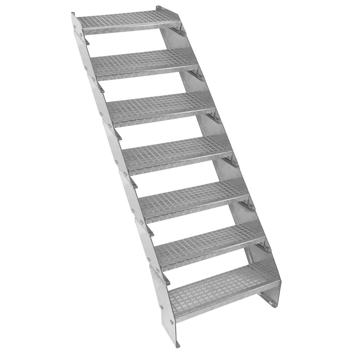 Adjustable galvanised staircase with seven textured steps, 600mm wide, designed for durability and stability in various settings