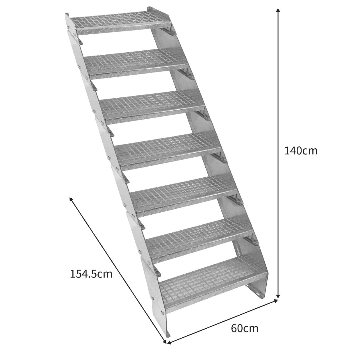 Adjustable galvanized staircase with seven textured steps, 600mm wide, featuring a sturdy design and dimensions of 154.5cm height and 140cm length
