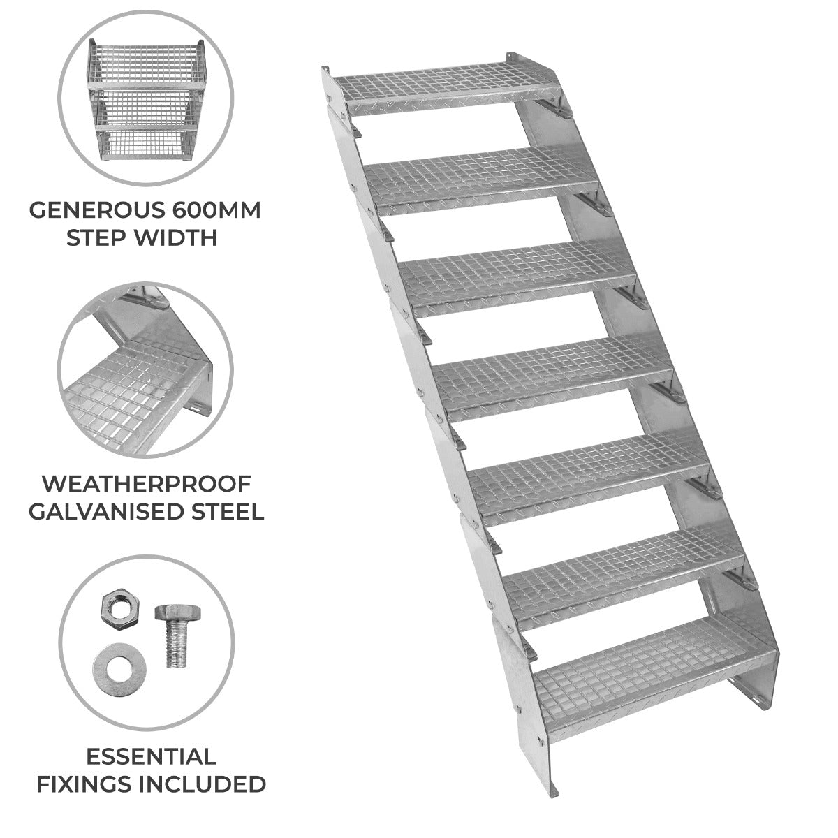 Adjustable 7-section staircase made of weatherproof galvanised steel, featuring a generous 600mm wide step design and textured surface