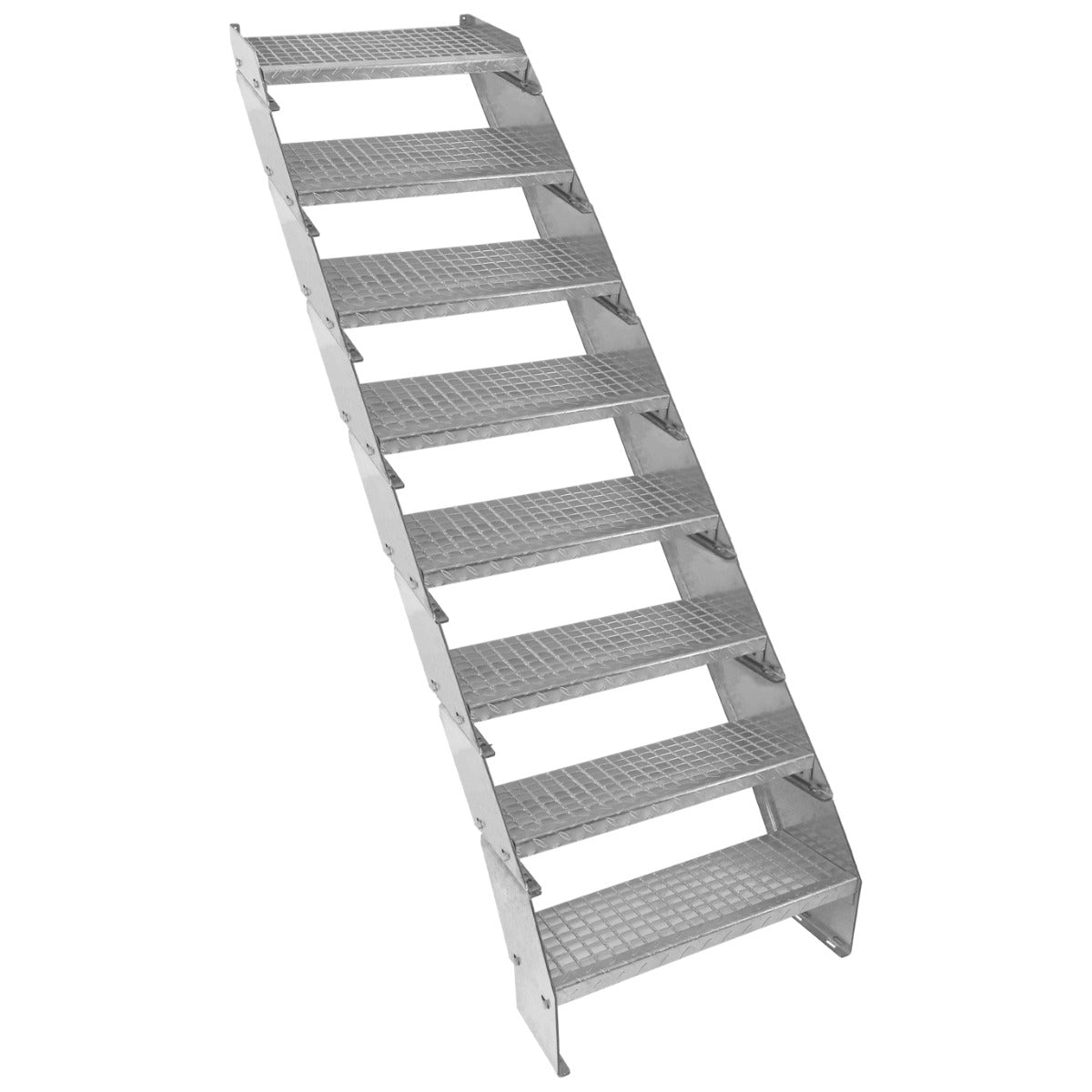 Galvanised adjustable staircase with eight sections, 600mm wide, featuring a sturdy, textured surface for enhanced grip and safety
