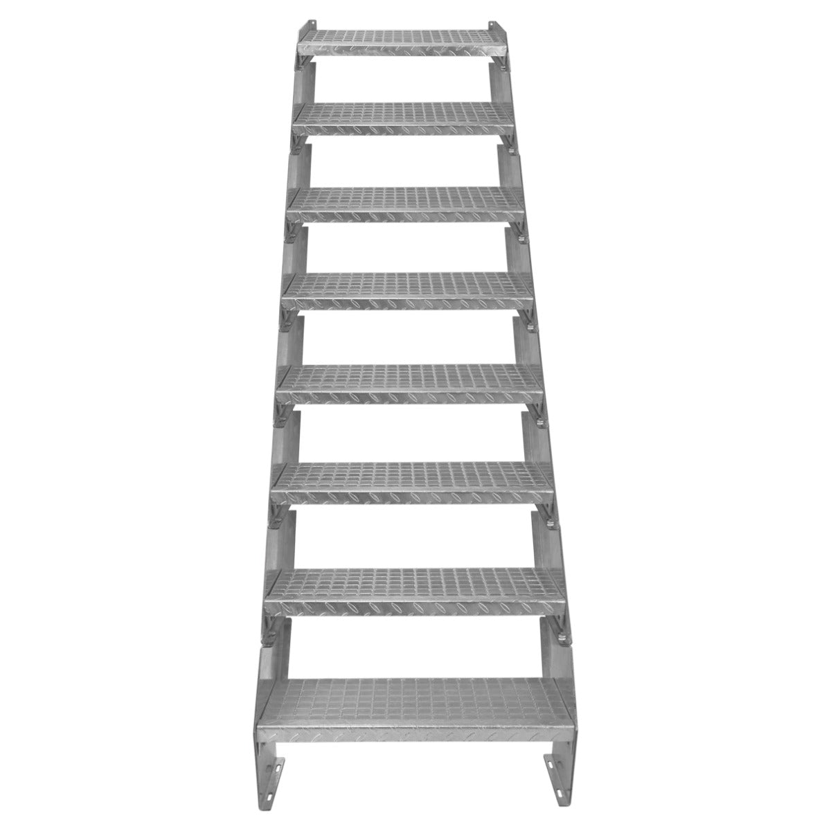 Galvanised metal staircase with eight adjustable sections, featuring a 600mm width and textured, slip-resistant steps for safety