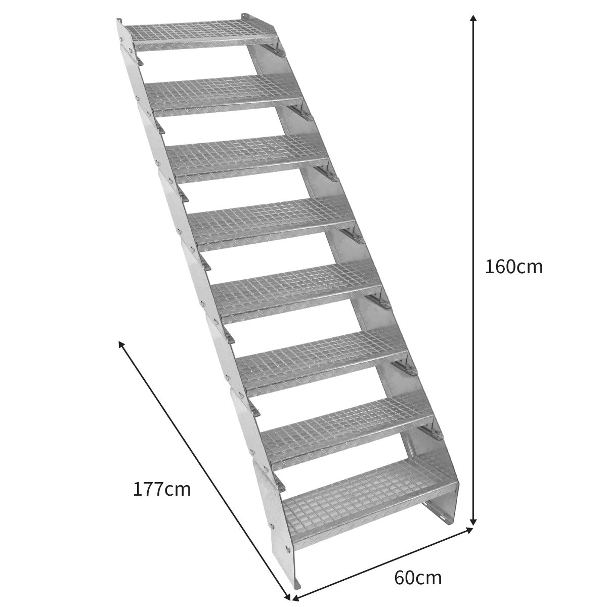 Galvanised adjustable staircase with eight sections, 600mm wide, featuring a sturdy, textured surface for enhanced grip and safety