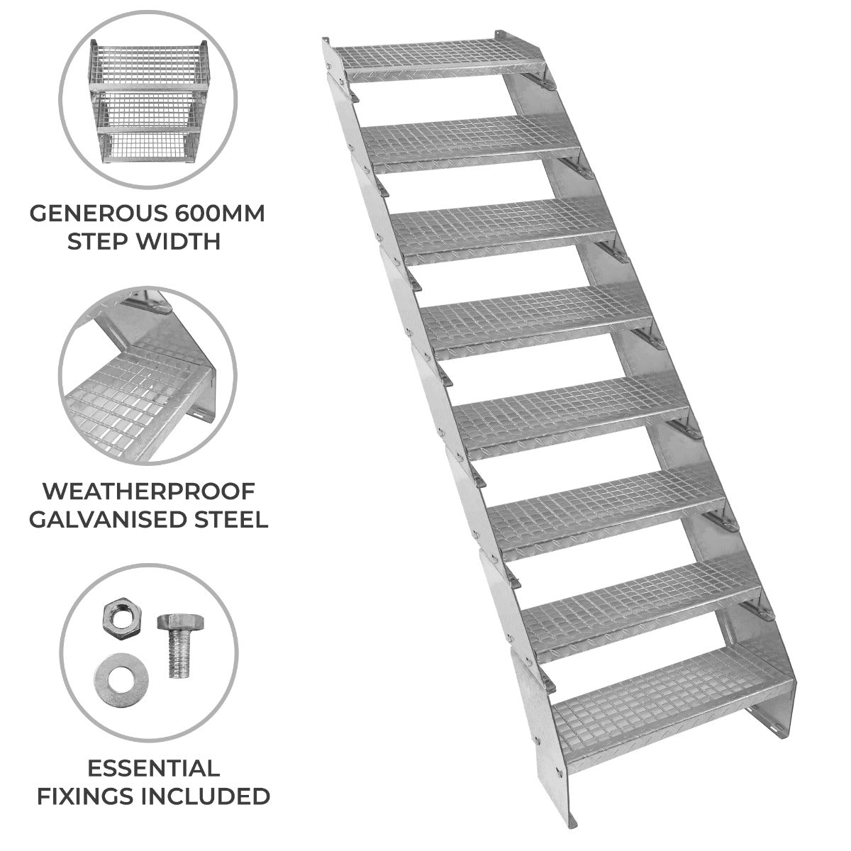 Adjustable galvanized staircase with eight wide 600mm steps, featuring a textured surface for grip and weatherproof steel construction