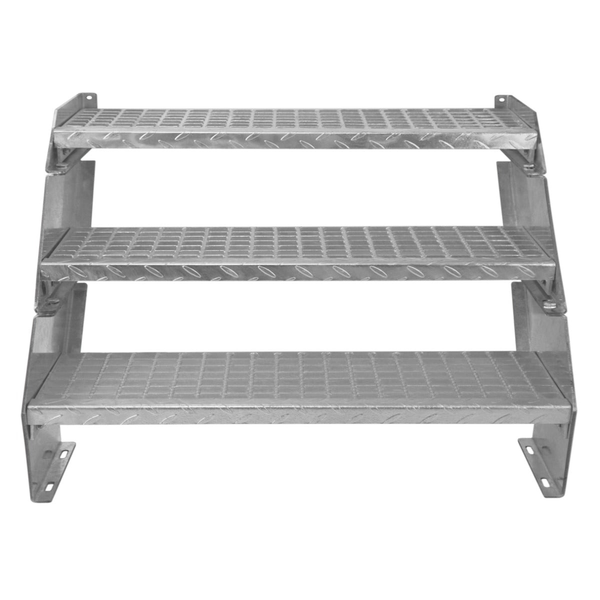 Galvanised metal staircase with three adjustable sections, featuring a textured surface for grip, measuring 900mm wide
