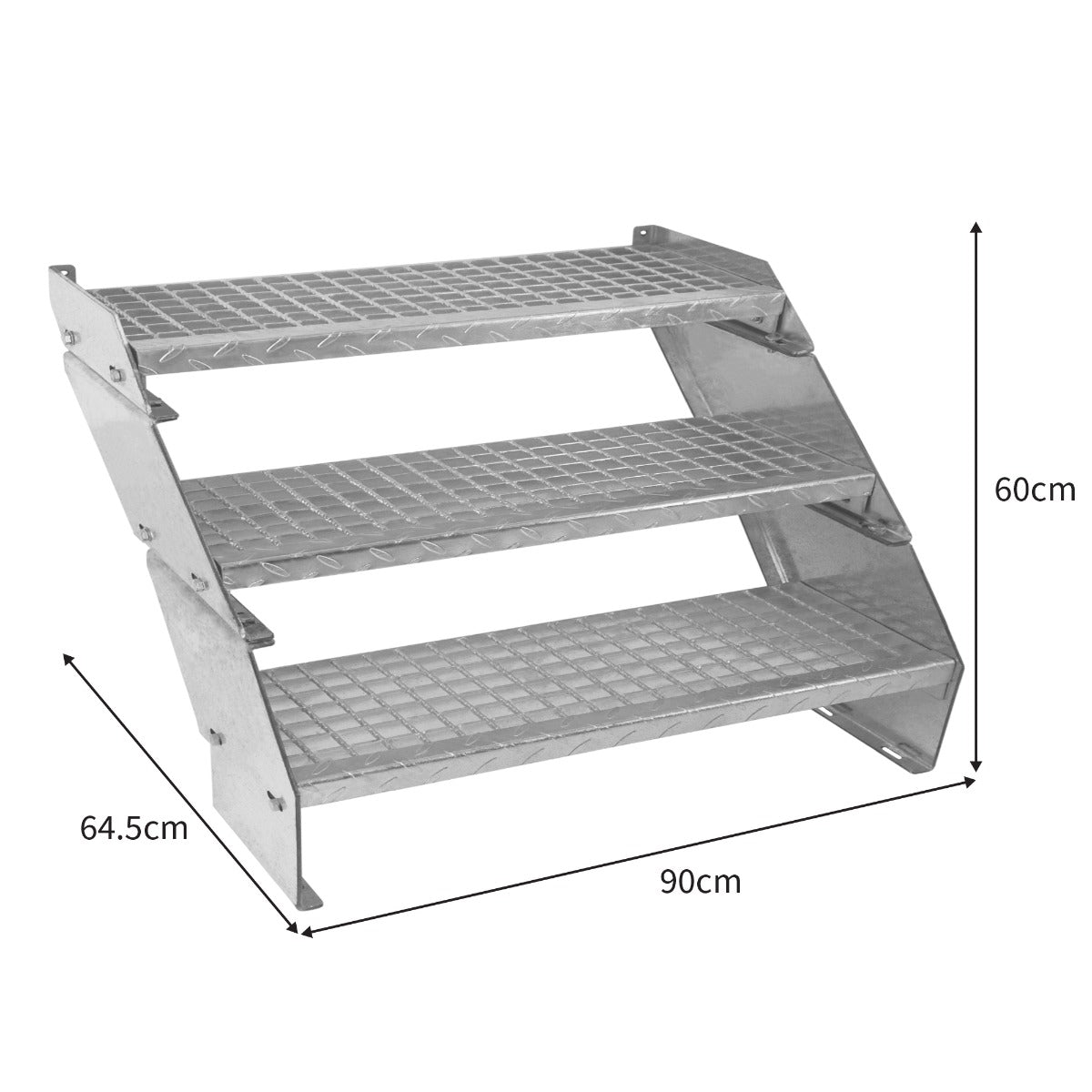 Galvanised adjustable staircase with three sections, featuring a diamond-patterned surface, measuring 900mm wide and 60cm high