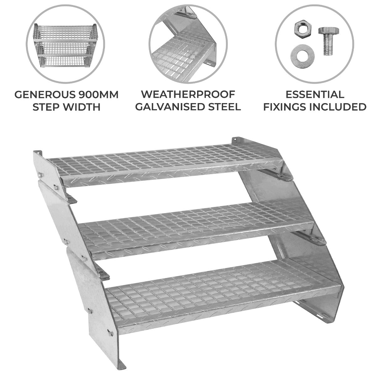Adjustable three-section staircase made of weatherproof galvanised steel, featuring a 900mm wide step width and essential fixings included