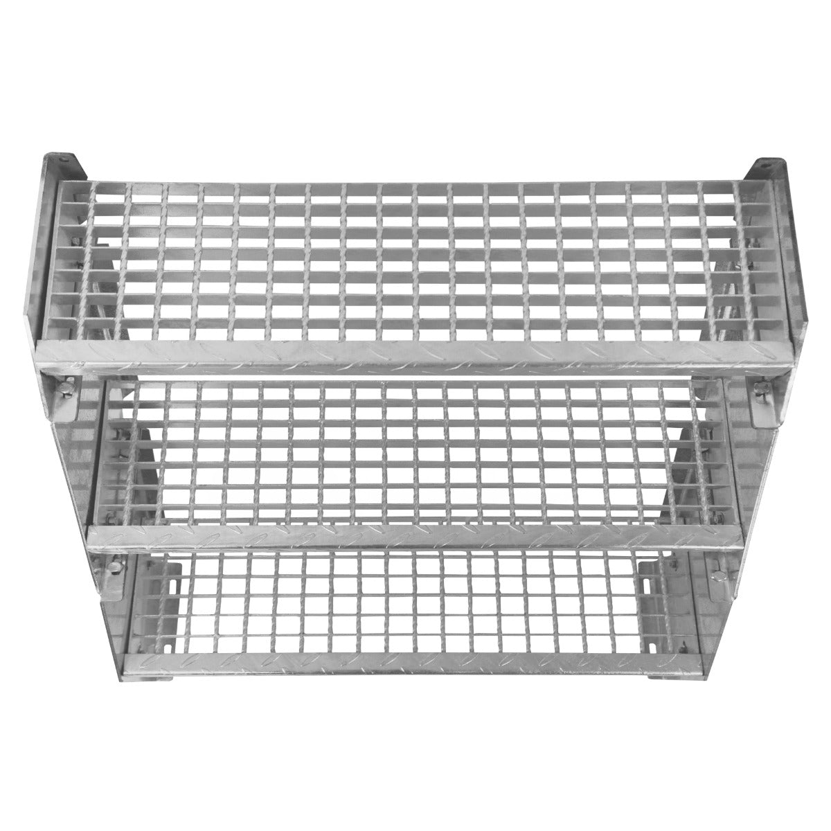 Galvanised metal staircase with four adjustable sections, featuring a sturdy grid design and a 900mm width for versatile use