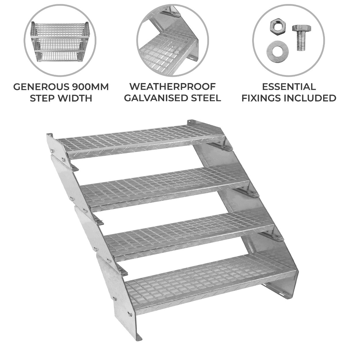 Adjustable 4-section staircase made of weatherproof galvanised steel, featuring a 900mm wide step and textured surface for grip