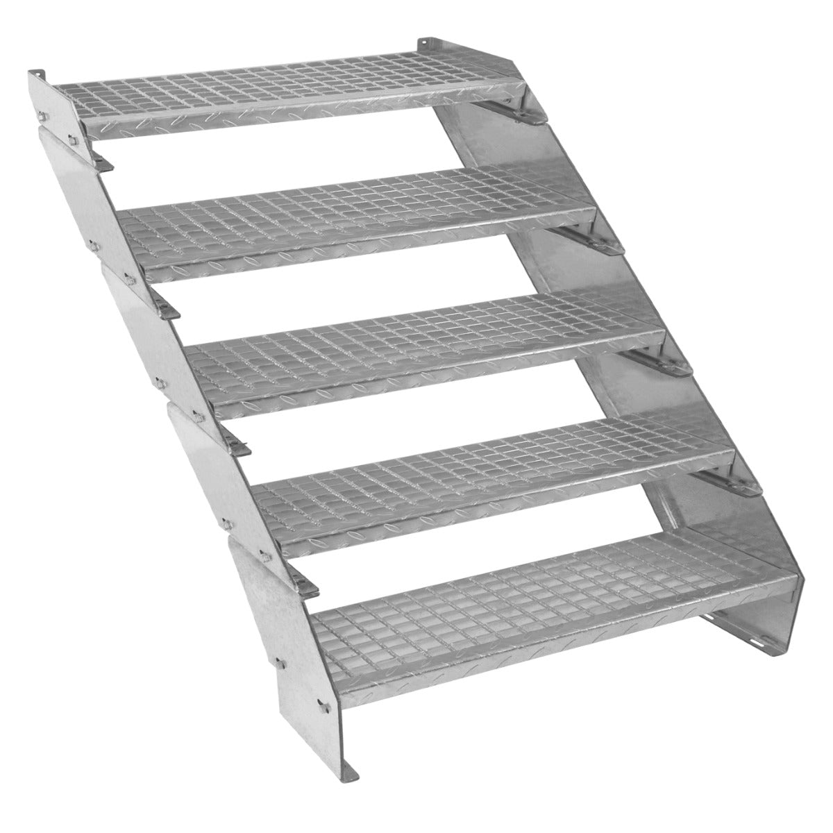 Galvanised adjustable staircase with five textured steps, 900mm wide, featuring a sturdy metal frame and non-slip surface