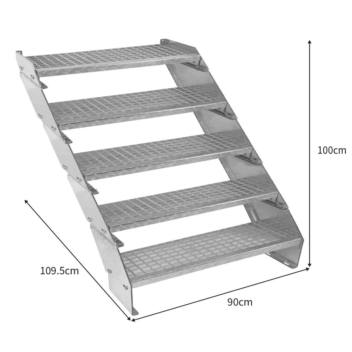 Galvanised adjustable staircase with five textured metal steps, measuring 900mm wide, designed for durability and stability