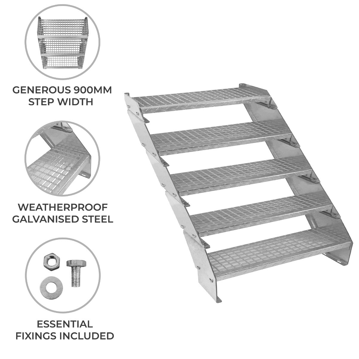 Adjustable 5-section galvanized staircase with a 900mm wide step, featuring a textured surface for slip resistance and sturdy metal construction