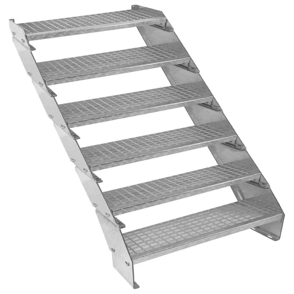 Galvanised metal staircase with six adjustable sections, featuring a sturdy, textured surface and a 900mm width for stability