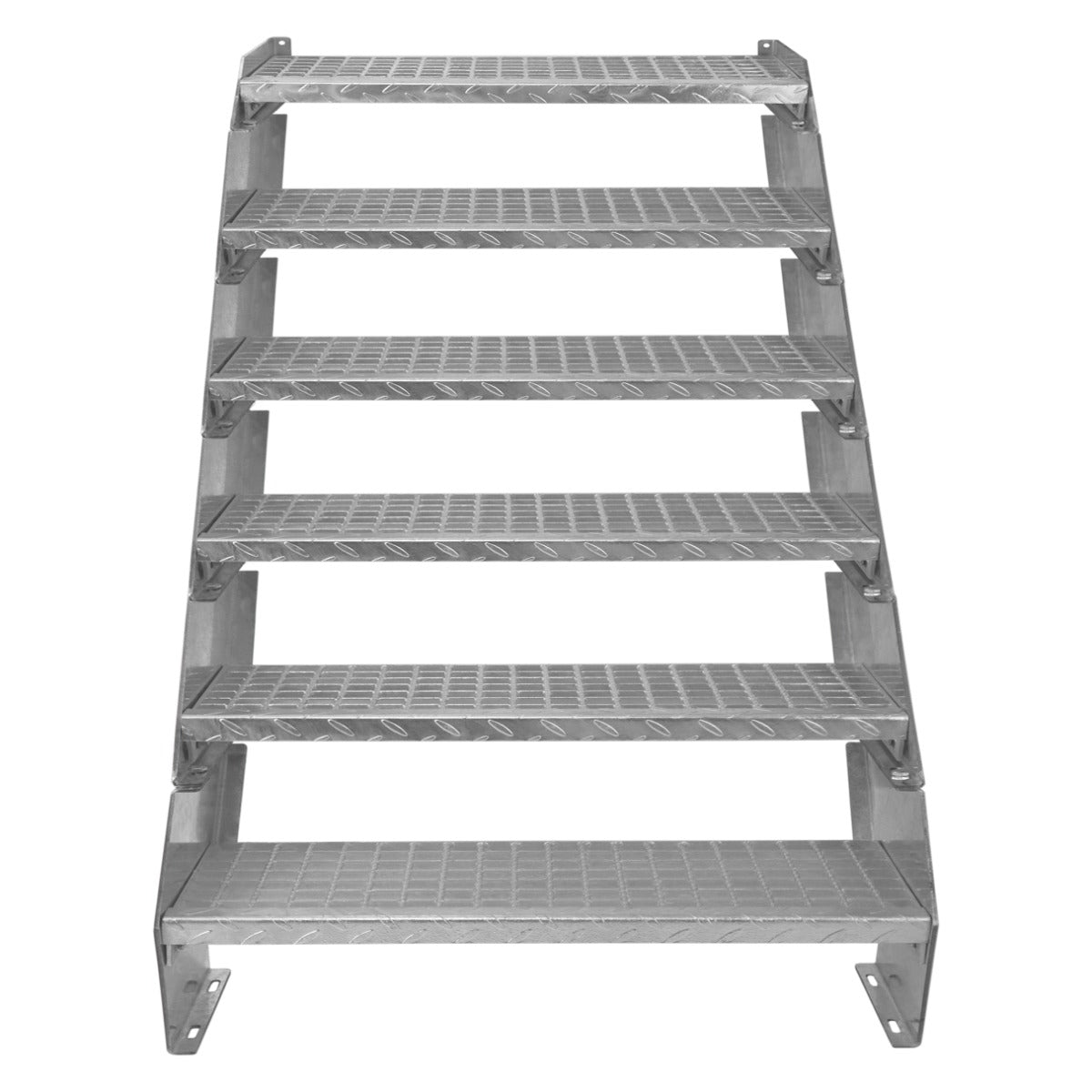 Galvanised metal staircase with six adjustable sections, featuring a textured surface for enhanced grip and stability, 900mm wide