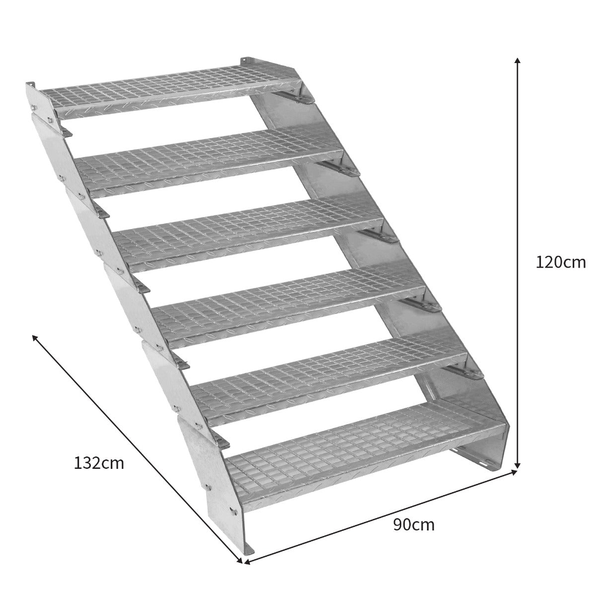 Galvanised adjustable staircase with six sections, measuring 900mm wide, featuring a sturdy metal frame and textured steps for grip