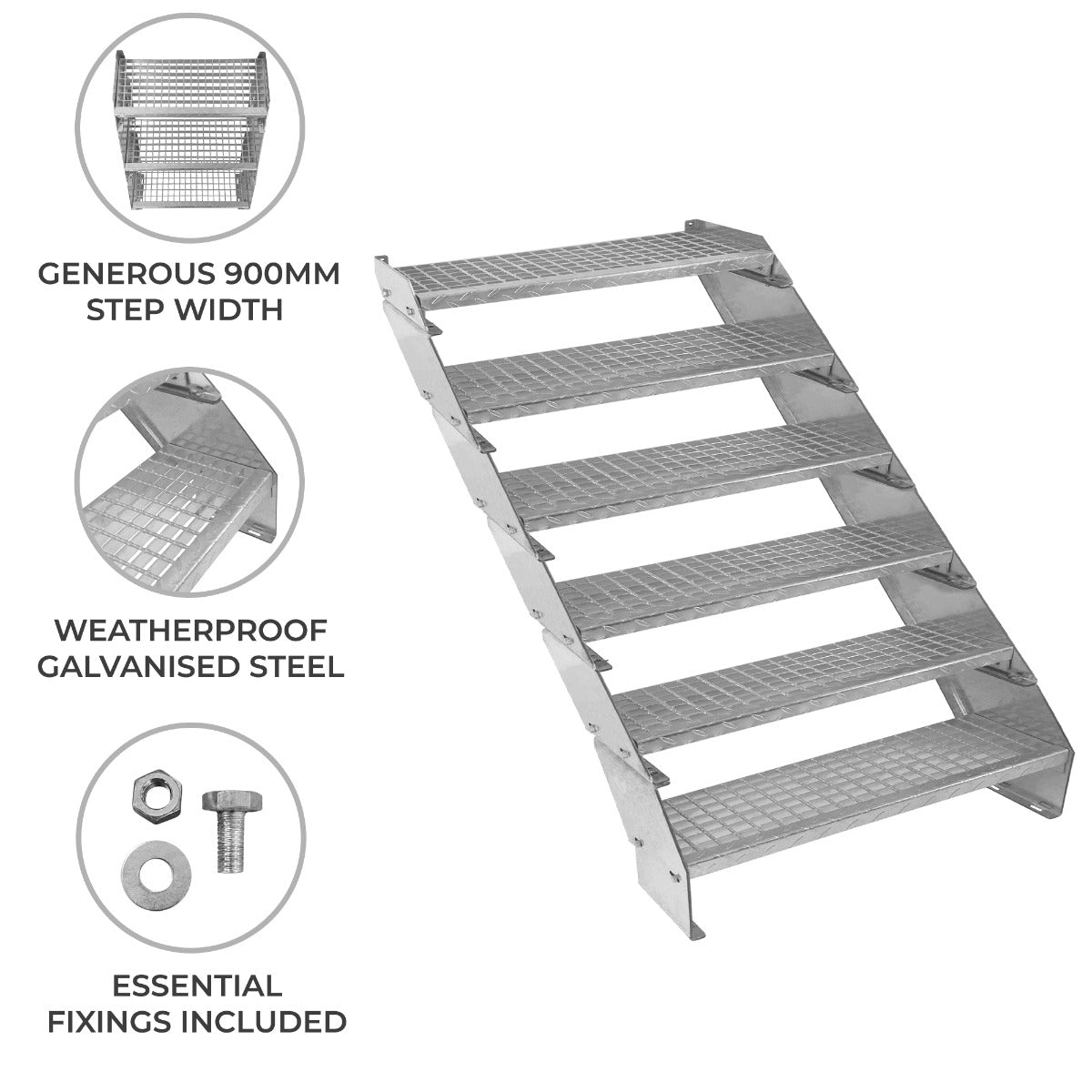 Adjustable 6-section staircase made of weatherproof galvanised steel, featuring a 900mm wide step and textured surface for safety