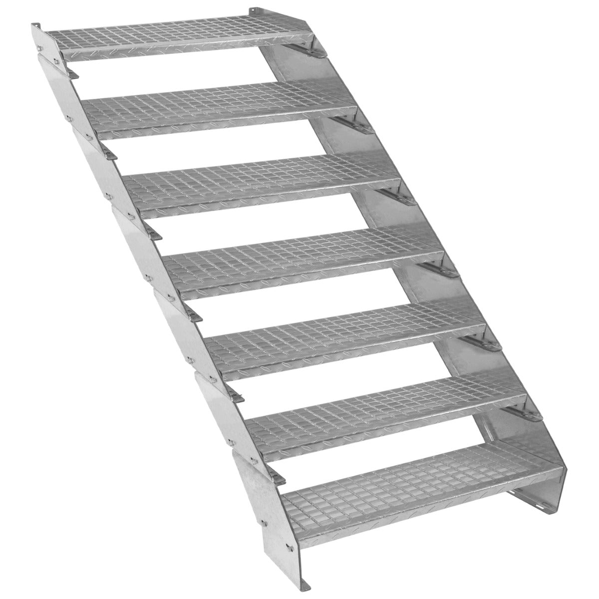 Adjustable 7-section galvanized staircase with a 900mm width, featuring sturdy, textured steps for enhanced grip and safety