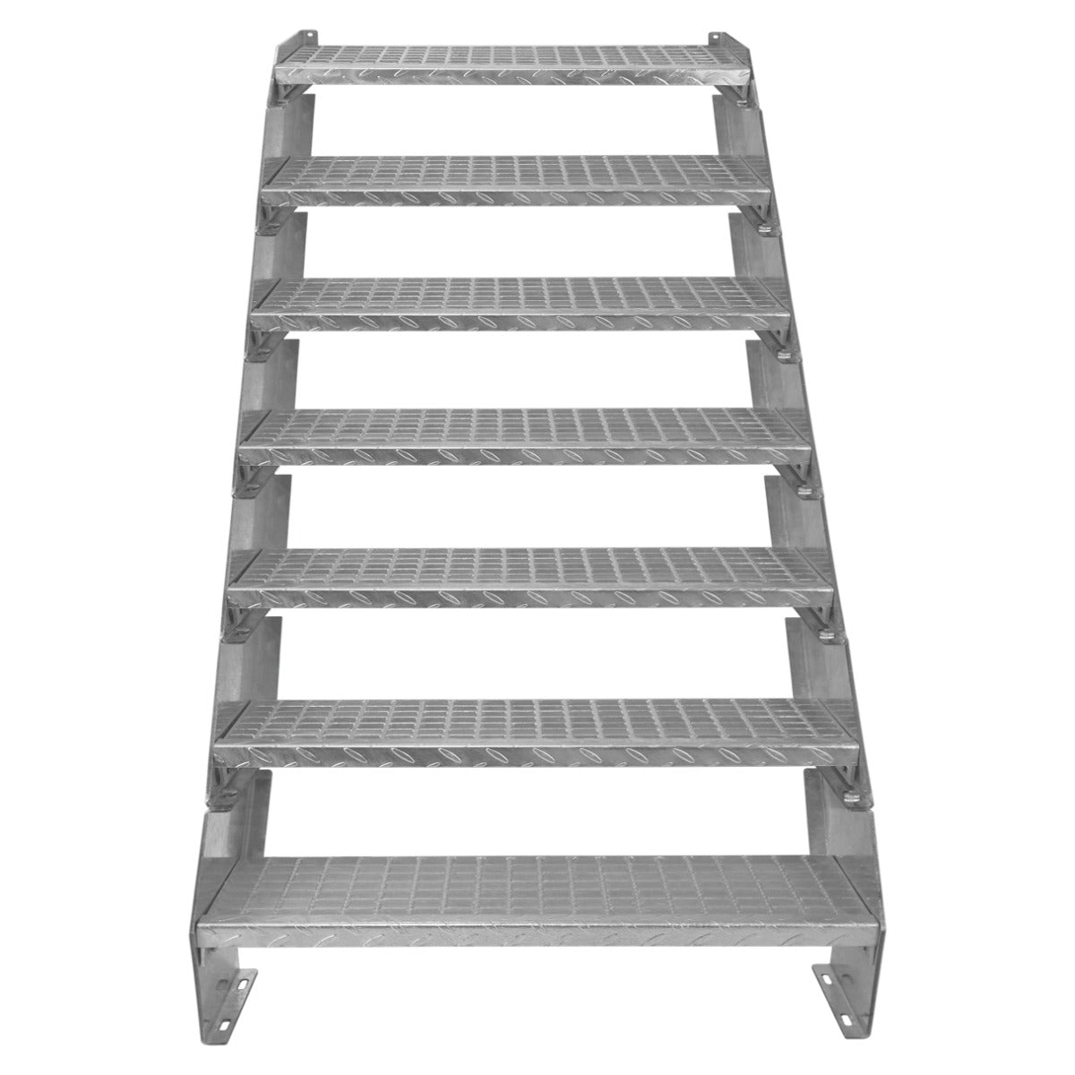 Galvanised metal staircase with seven adjustable sections, featuring a textured surface for slip resistance and a sturdy design, 900mm wide
