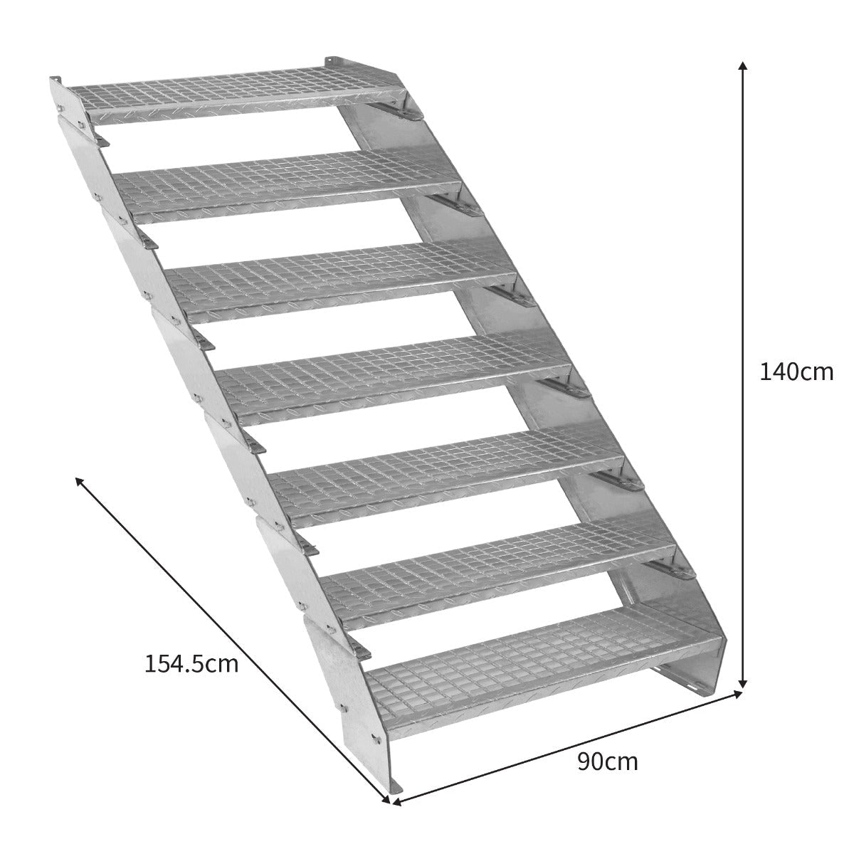 Galvanized steel staircase with seven adjustable sections, featuring a textured surface for grip, measuring 900mm wide and 140cm tall