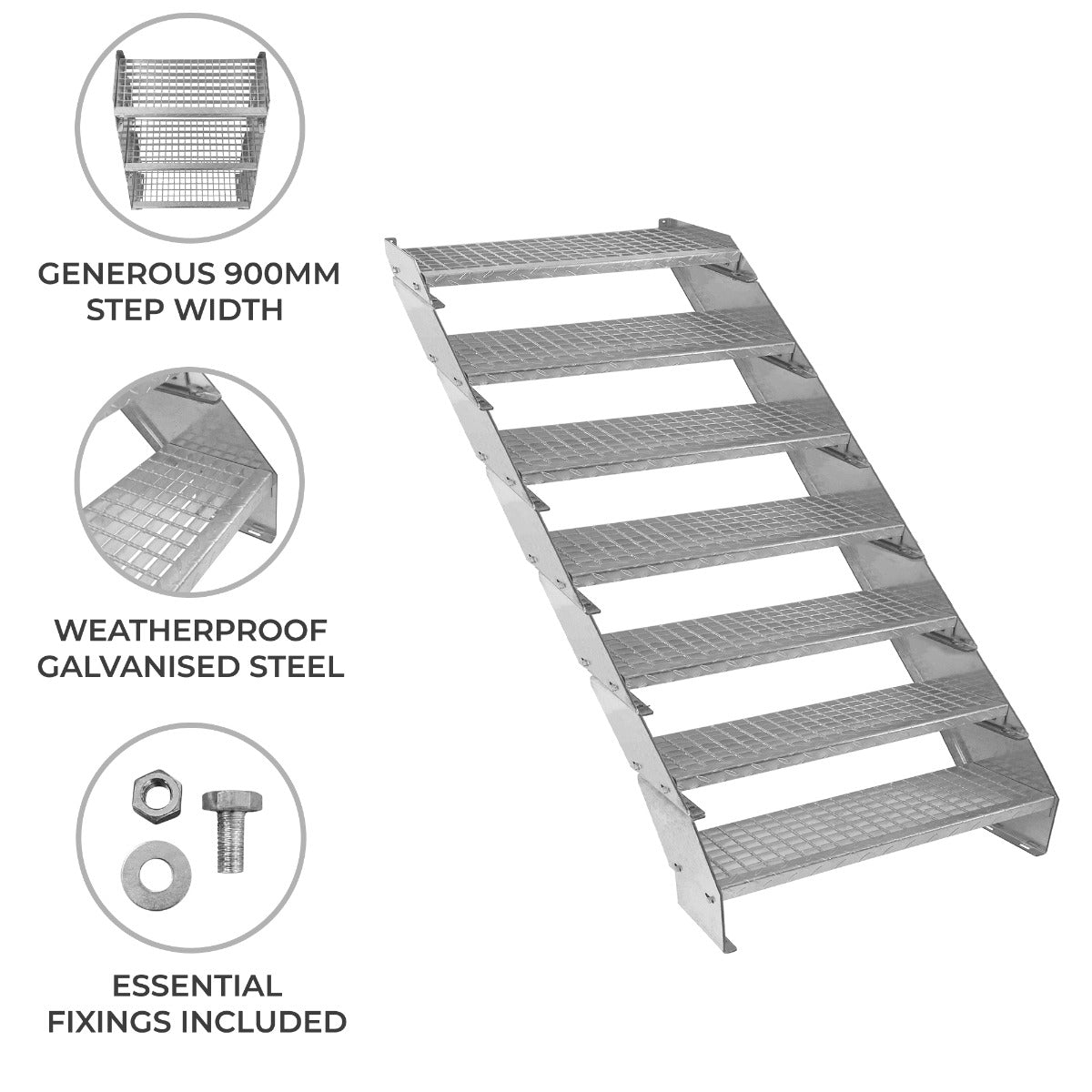 Adjustable 7-section galvanized steel staircase with a 900mm wide step, featuring a textured surface for enhanced grip and stability