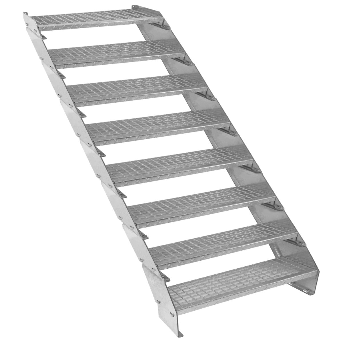 Adjustable galvanized staircase with eight sections, featuring a sturdy, textured surface and a 900mm wide design for stability and safety