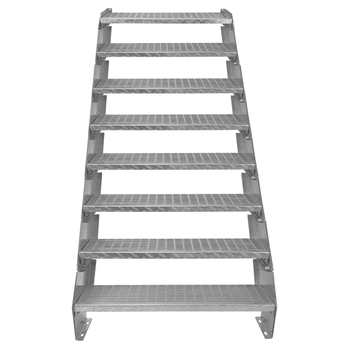 Galvanised metal staircase with eight adjustable sections, featuring a textured surface for enhanced grip and stability, 900mm wide