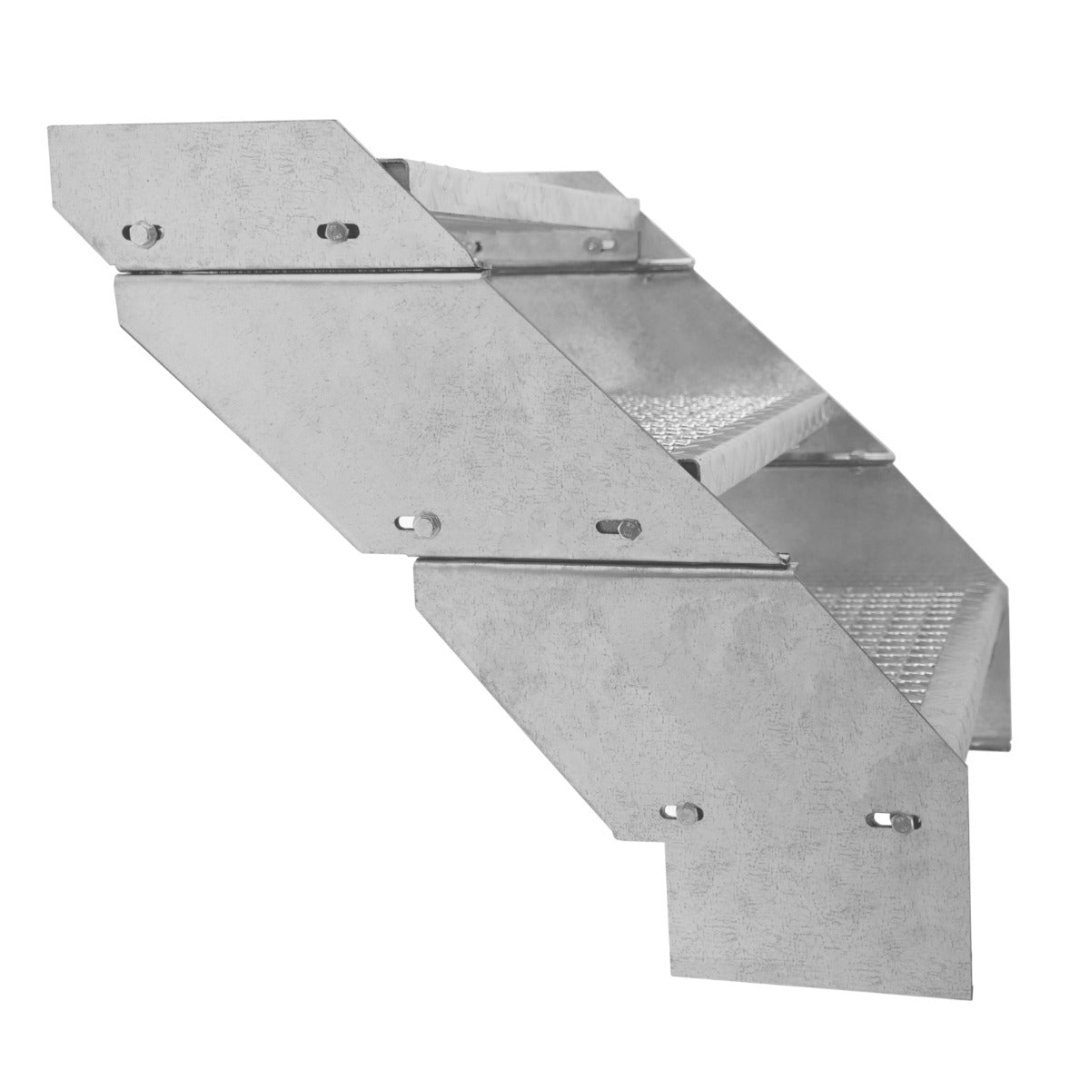 Galvanised metal staircase with eight adjustable sections, featuring a textured surface and a width of 900mm for stability and safety