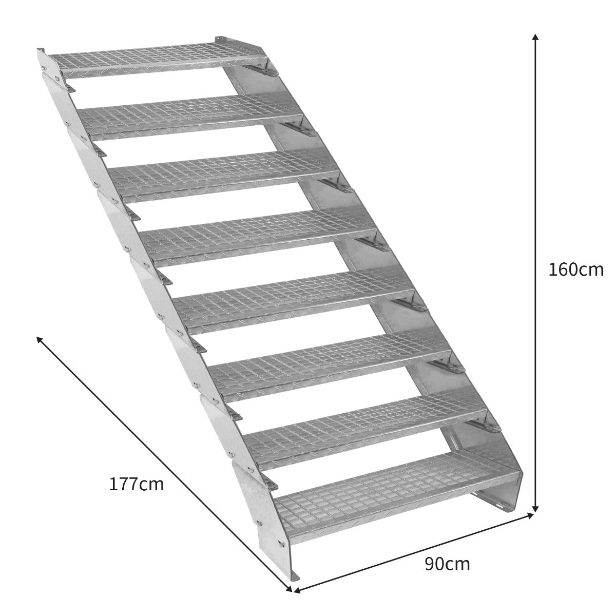 Galvanised adjustable staircase with eight sections, featuring a sturdy metal frame, textured steps, and a width of 900mm