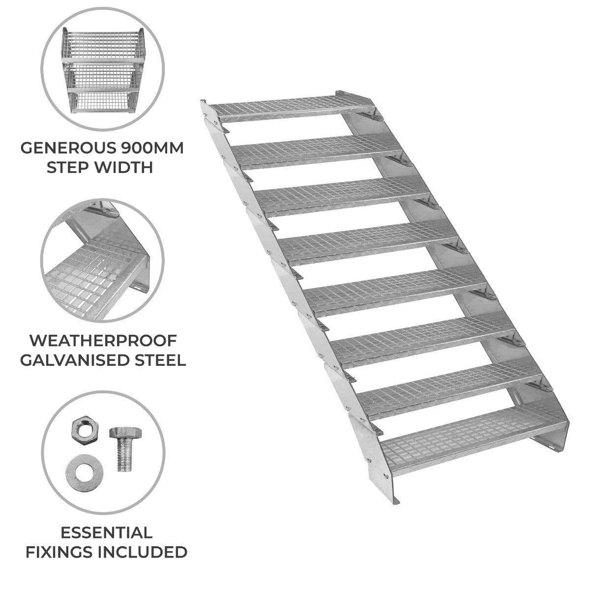 Adjustable 8-section staircase made of weatherproof galvanised steel, featuring a 900mm wide step design with a textured surface for grip