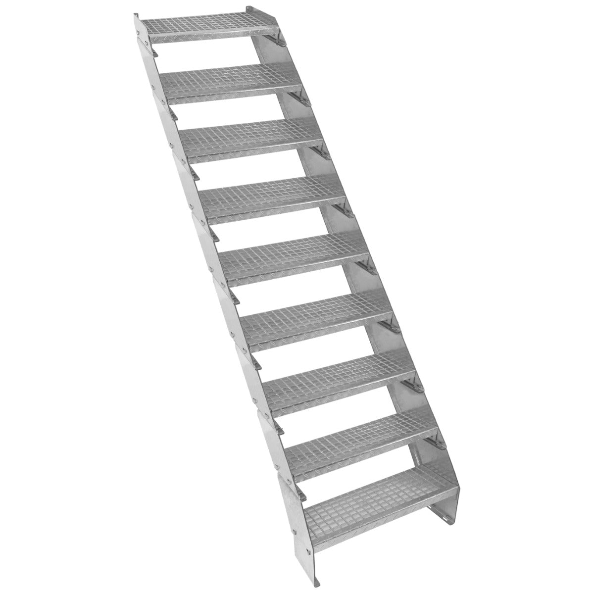 Galvanised adjustable staircase with nine textured steps, 600mm wide, featuring a sturdy metal frame for durability and safety