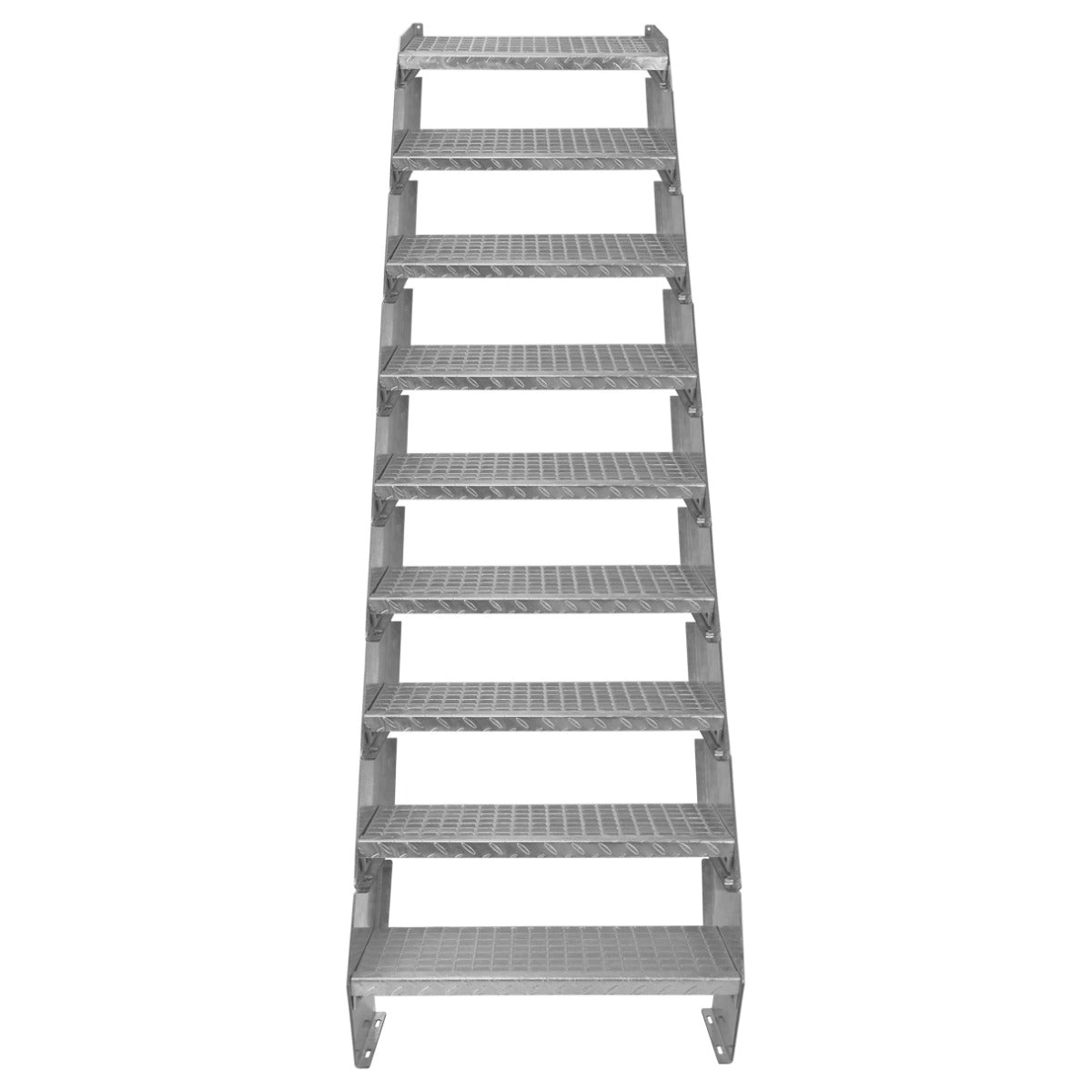 Galvanised adjustable staircase with nine textured sections, 600mm wide, featuring a sturdy metal frame for durability and safety
