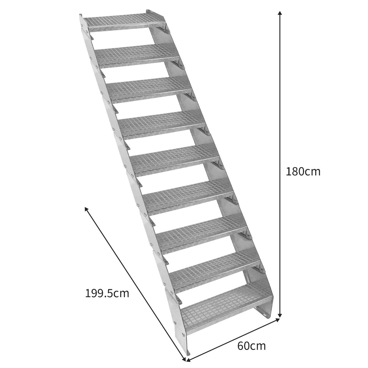 Galvanised staircase with nine adjustable sections, 600mm wide, featuring a textured surface for enhanced grip and stability