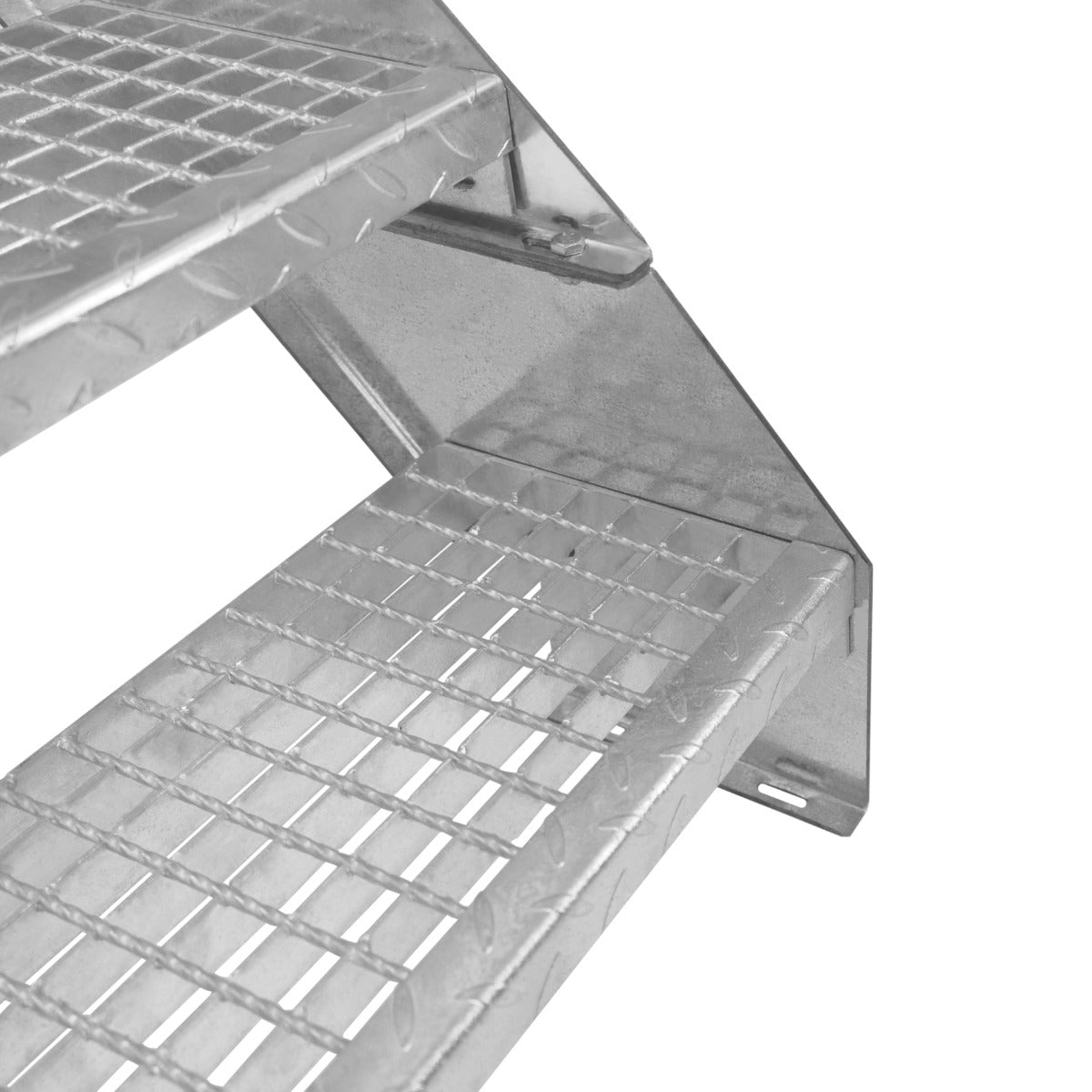 Galvanised metal staircase with nine adjustable sections, featuring a diamond-patterned surface for grip and durability, 600mm wide