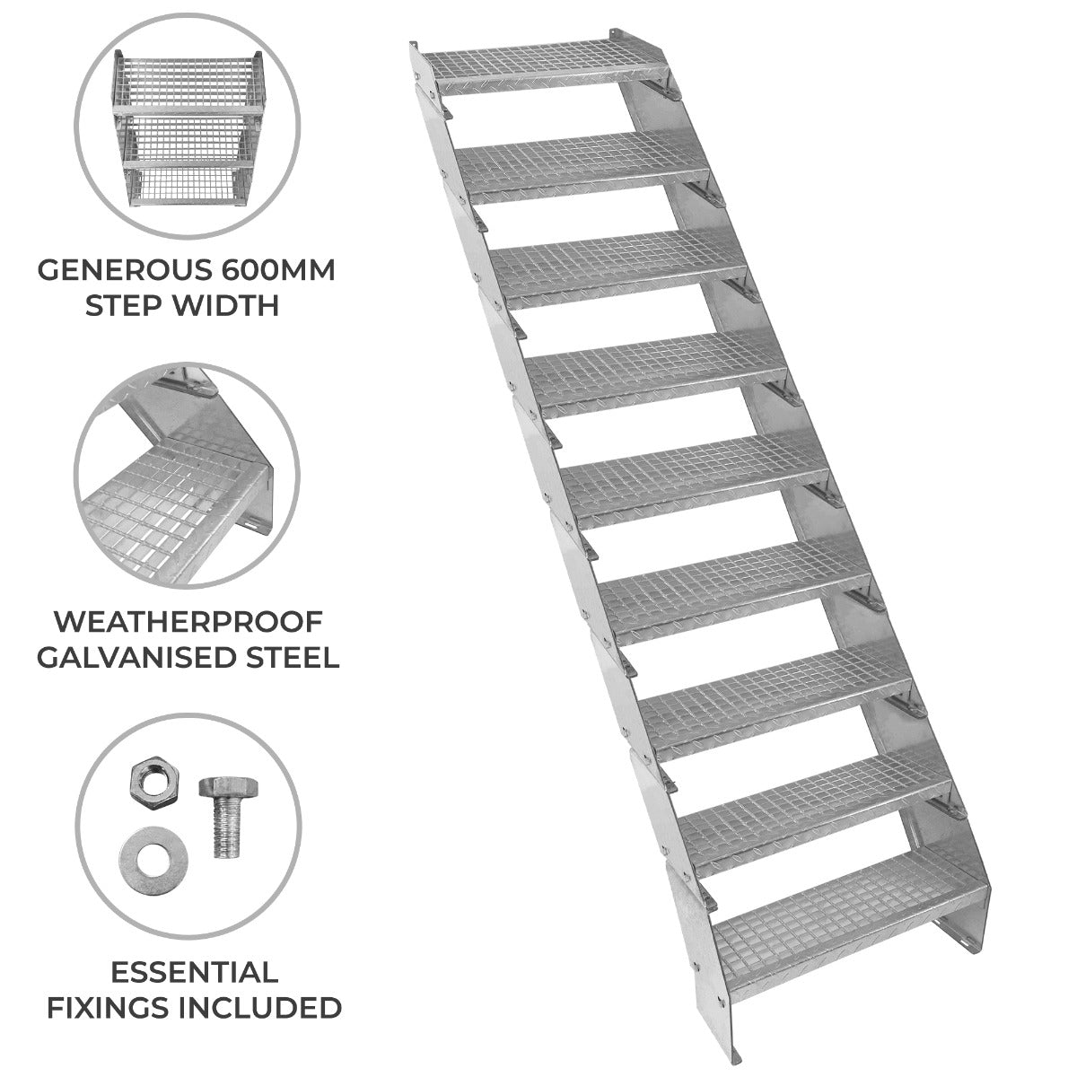 Adjustable galvanized staircase with nine sections, 600mm wide, featuring a textured surface for grip and weatherproof durability
