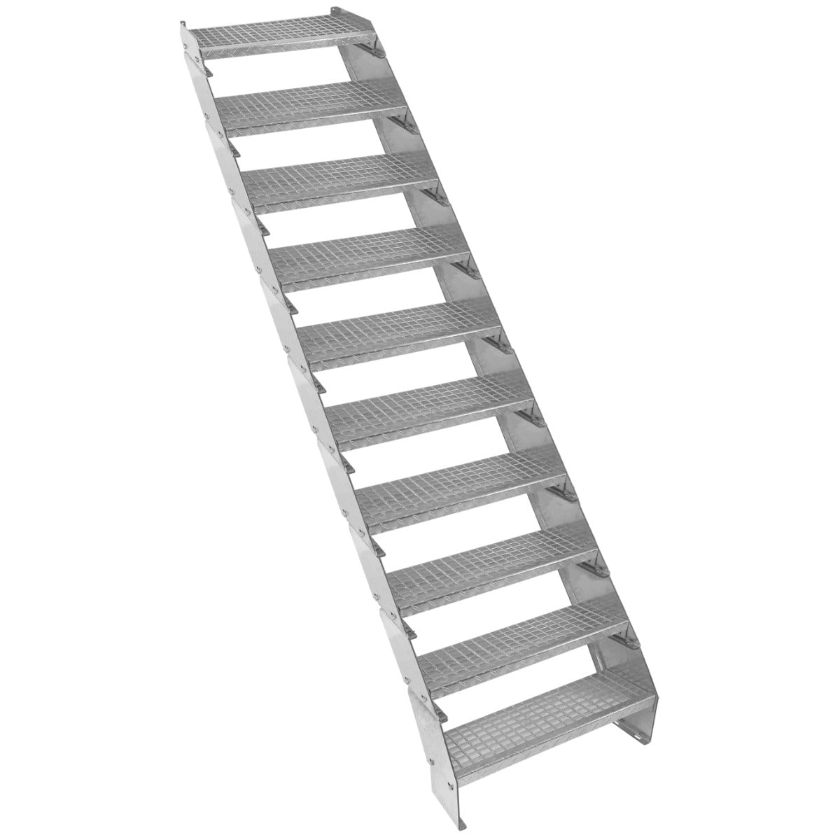 Galvanised staircase with 10 adjustable sections, 600mm wide, featuring a sturdy metal frame and textured steps for safety